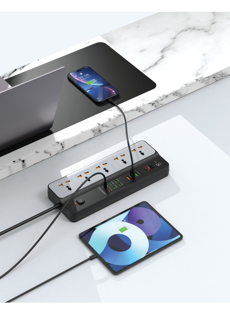 porodo 3 meters 3000W Universal Power Strip with 9 USB Ports and 5 AC Outlets / PD 35W & QC 20W Fast Charging / 24H Timer / Built-in Safeguards  - Black - Image 3